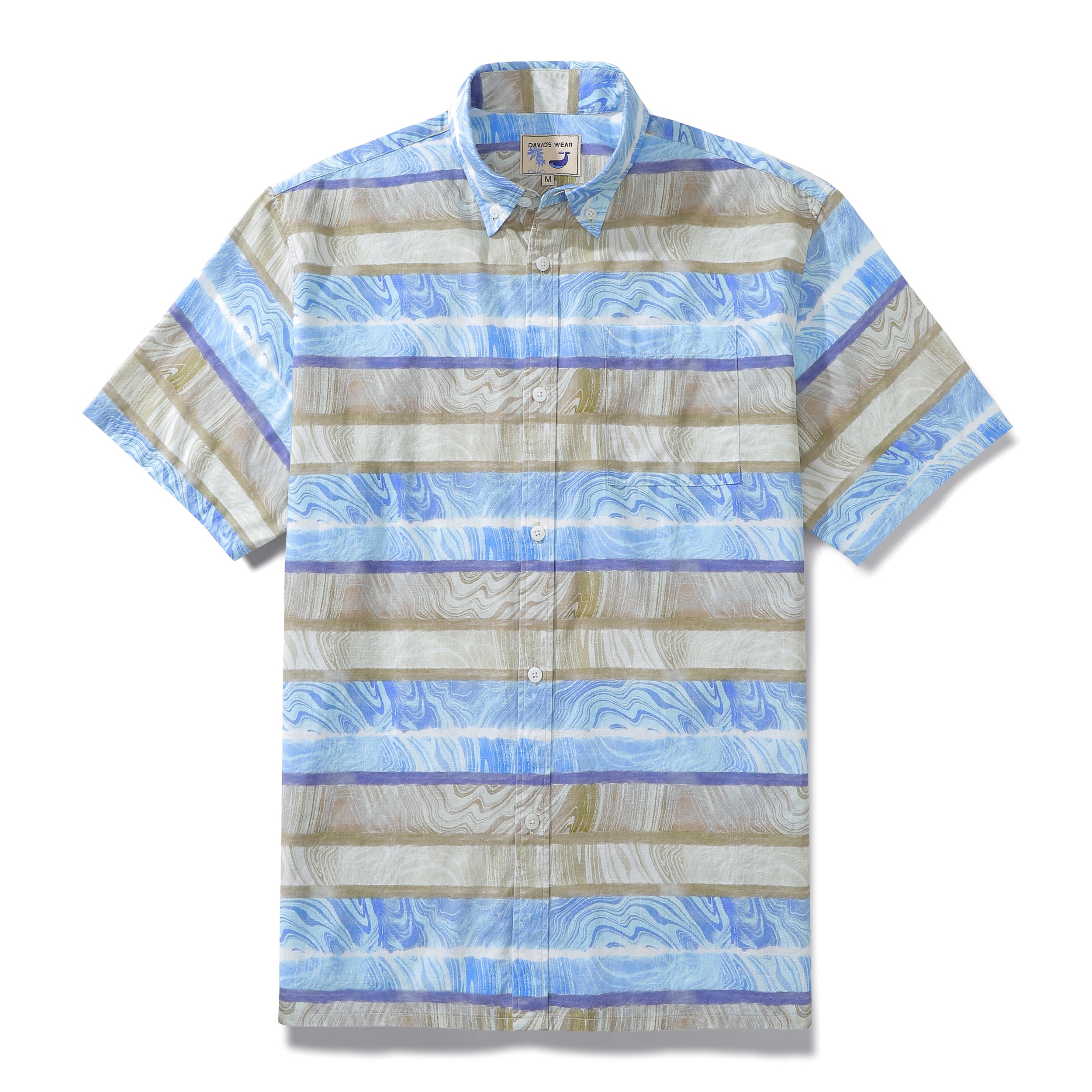 Men's Horizontal Stripe Shirt Blue Waves Print Casual Short Sleeve Button Down