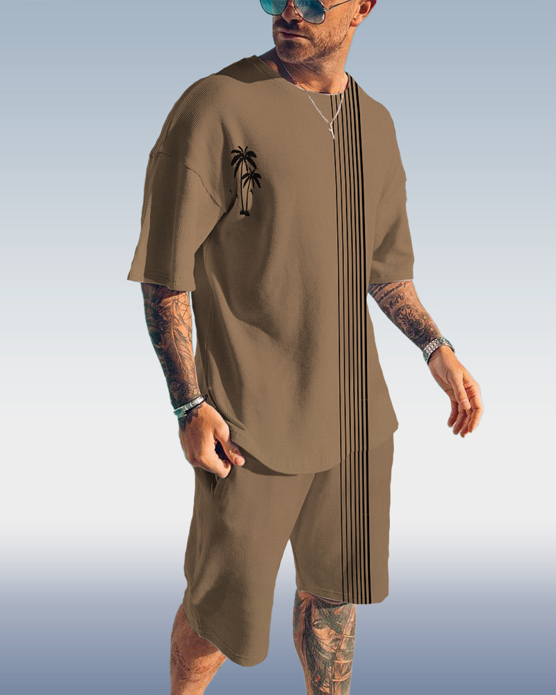 Men's Coconut Tree Line Print Short Sleeve Set 065