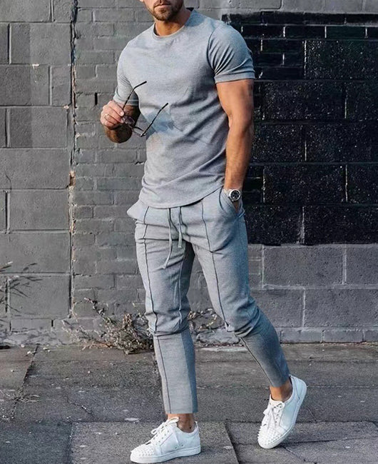 Casual Plain Round Neck Short Sleeve Slim Fit Tee & Drawstring Pants Set